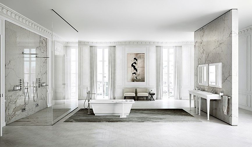 Thiết kế nội thất phòng tắm sang trọng phong cách cổ điển với gam màu trắng làm chủ đạo kết hợp cùng những đường vân tuyệt đẹp
