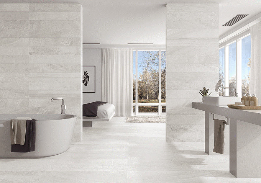 Mẫu thiết kế nội thất phòng tắm đẹp với mẫu gạch lát nền, gạch ốp lát màu sắc tương đồng, đơn giản tạo cảm giác rộng thoáng, thênh thang