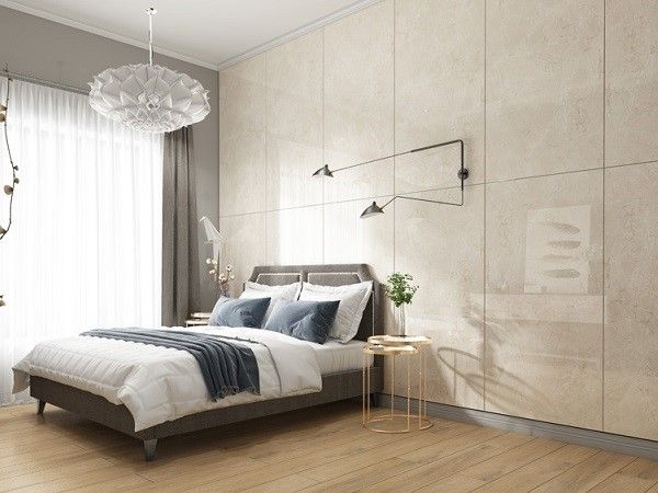 Ý tưởng phối màu gạch lát nền vân gỗ và gạch ốp cùng tông rất phù hợp cho phòng ngủ