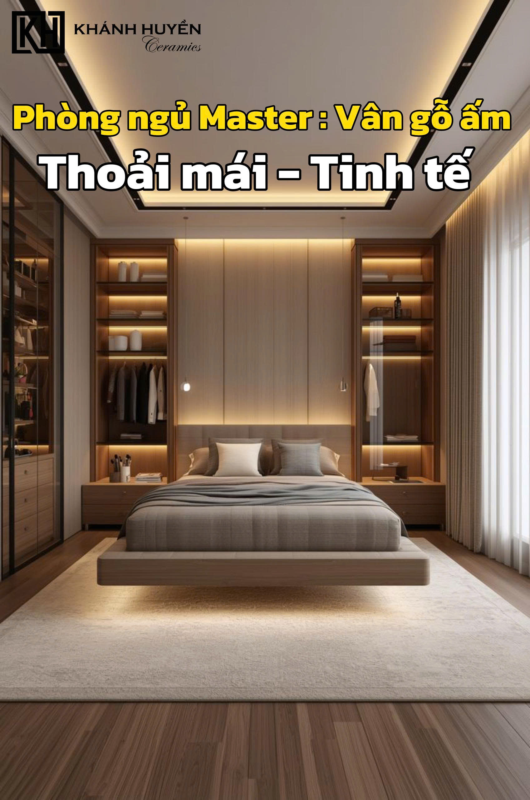 Phòng ngủ Master: Ấm áp & thư giãn với gạch vân gỗ